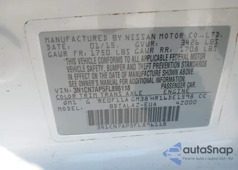 2015 Nissan Versa 1.6 S+ from USA, damaged, VIN 3N1CN7AP5FL896118